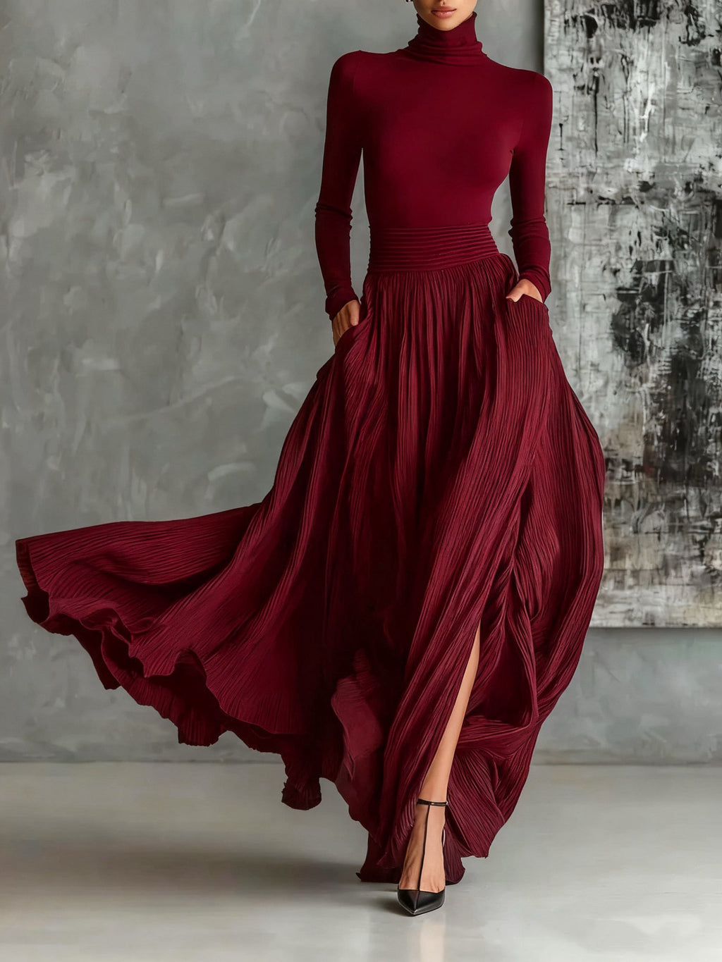 Ensemble femme col roulé et jupe plissée maxi