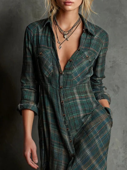 Women's Plaid Shirt Dress With Collar, Maxi