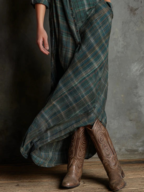 Women's Plaid Shirt Dress With Collar, Maxi