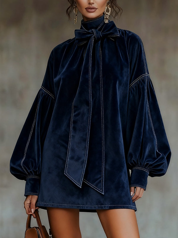 Vestito donna mini con fiocco, blu navy, maniche a sbuffo