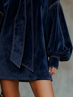 Vestito donna mini con fiocco, blu navy, maniche a sbuffo