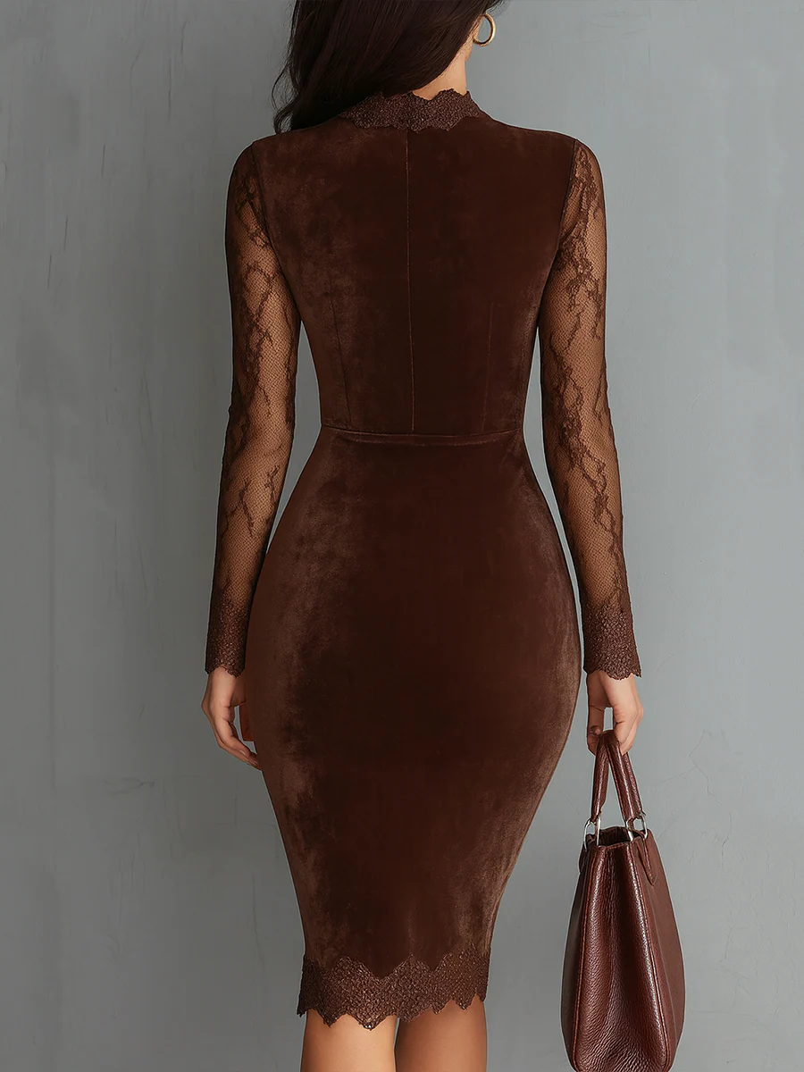 Vestito donna midi con finitura vellutata e pizzo, marrone