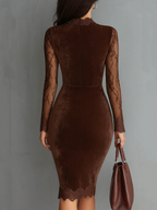 Vestito donna midi con finitura vellutata e pizzo, marrone
