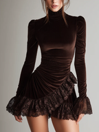 Vestito donna mini a collo alto, maniche lunghe, balze in pizzo