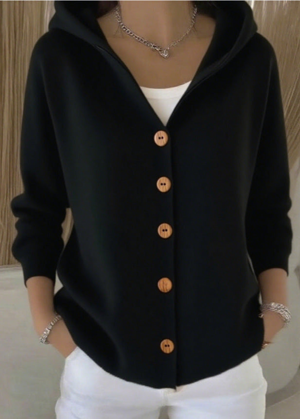 Cardigan femme à capuche et boutons, en maille, manches longues