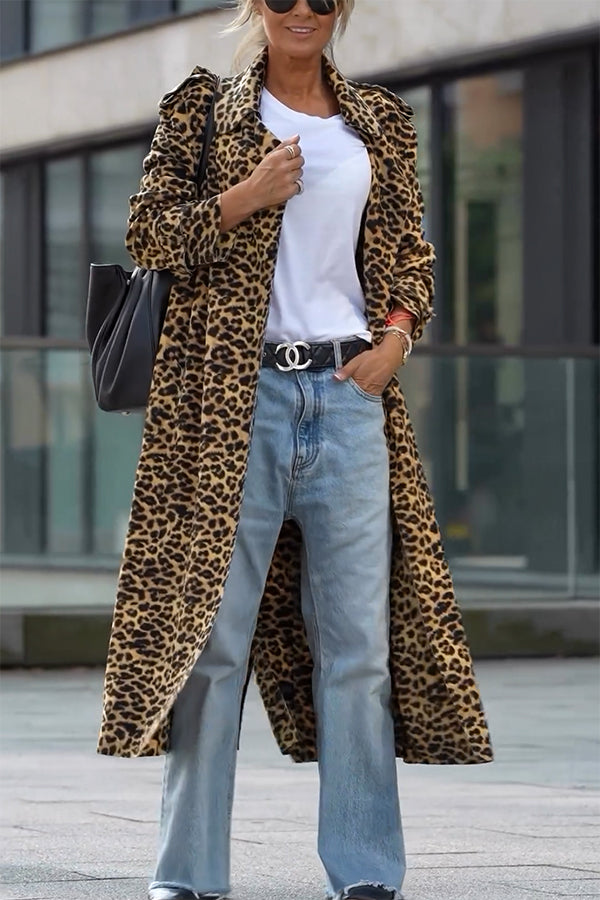 Abrigo midi de mujer de estampado de leopardo con solapas y manga larga