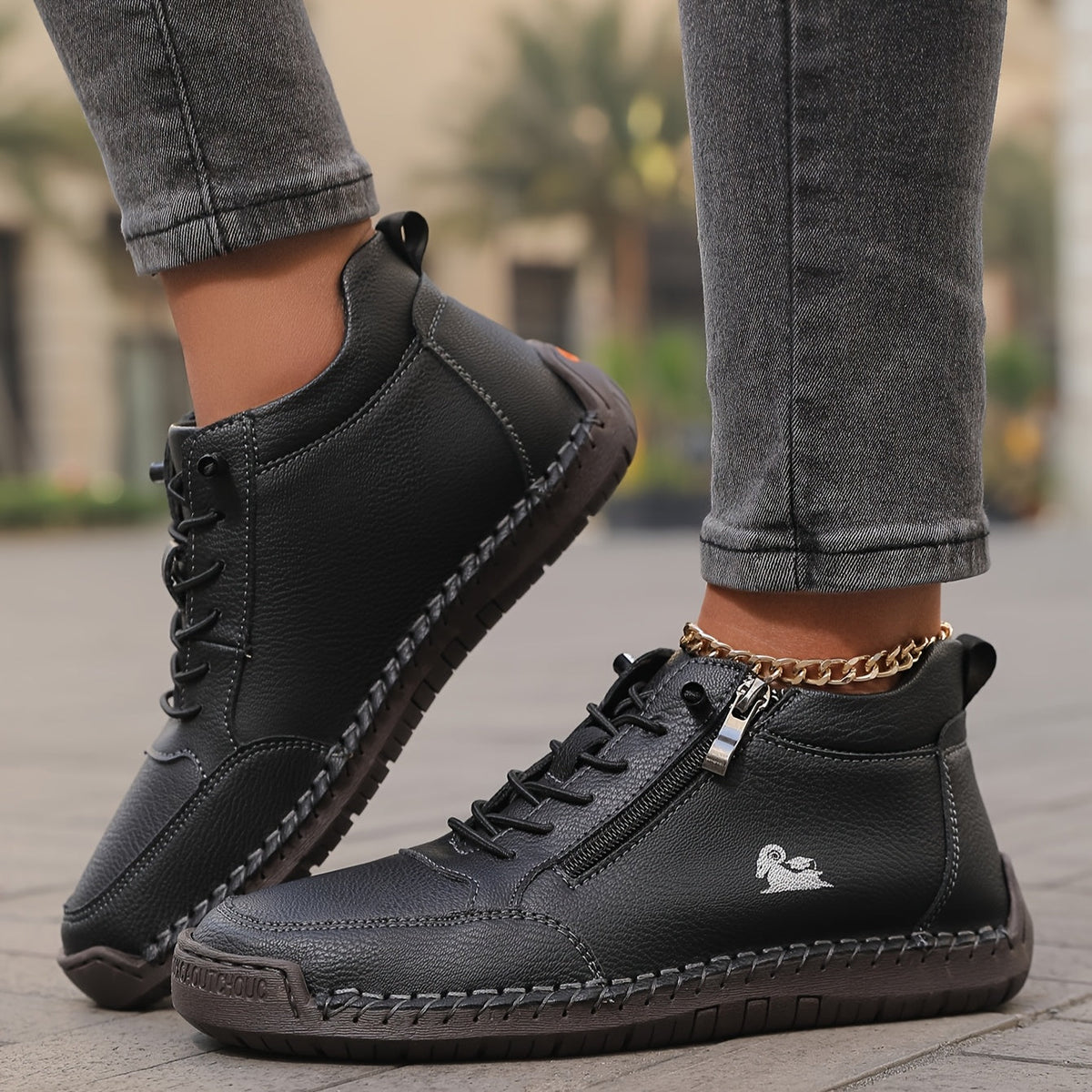 Damskie sneakersy za kostkę ze sznurowaniem, bocznym zamkiem i płaską podeszwą