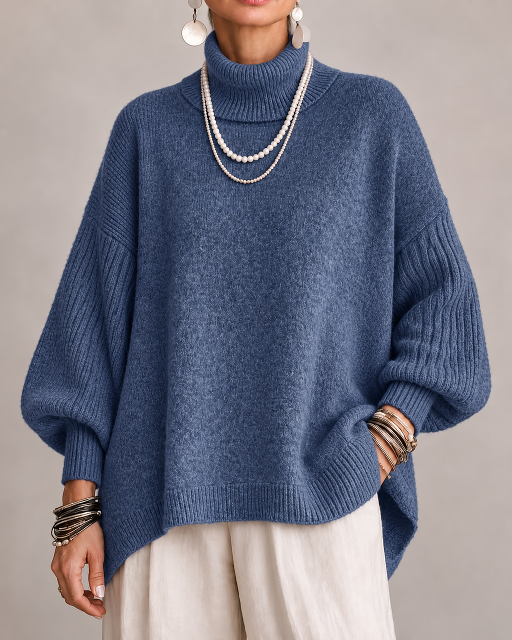Damski sweter oversize z golfem i długimi prążkowanymi rękawami