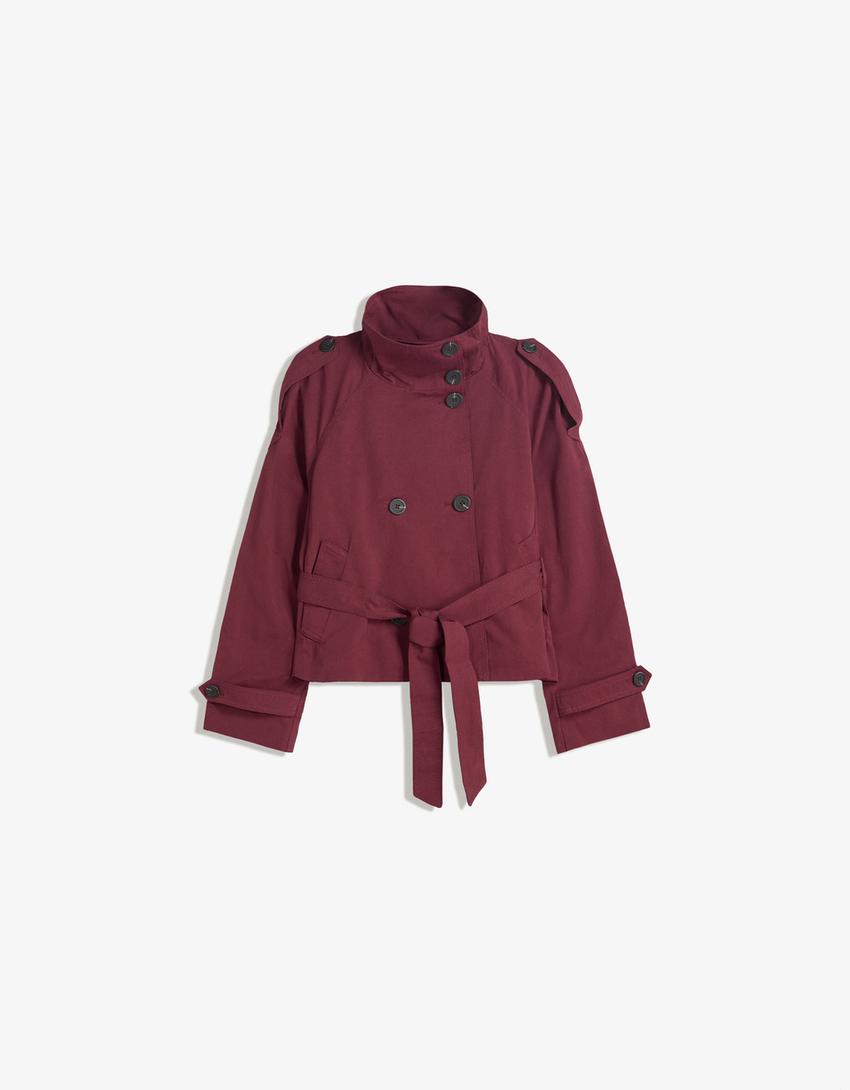 Giacca donna corta in stile trench doppiopetto con cintura