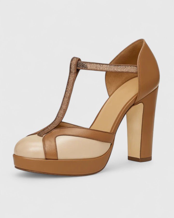 Dwukolorowe damskie czółenka z paskiem T, platformą i wysokim brązowym obcasem