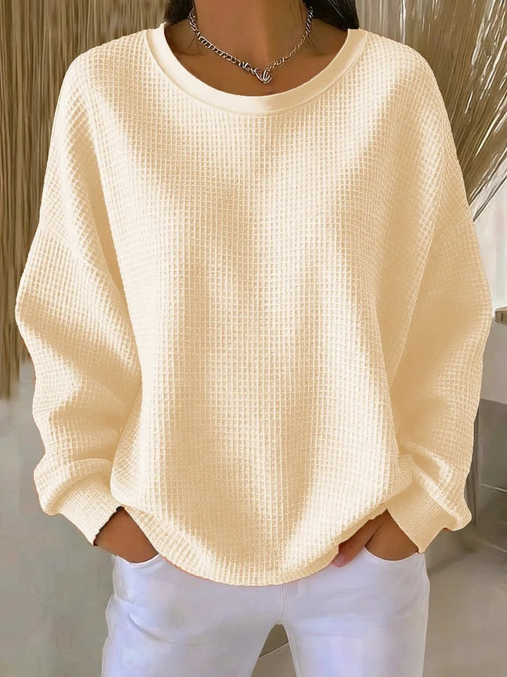 Sweater til damer med rund hals, lange ærmer og struktur