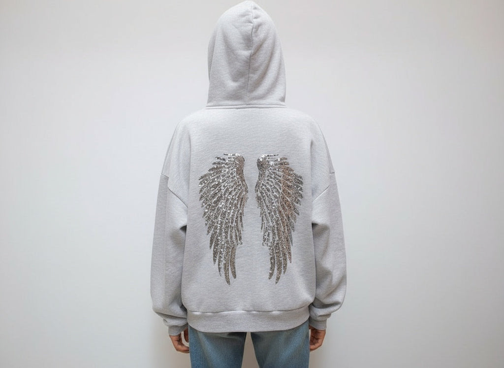 Felpa donna con cappuccio, grigia, con decorazione di ali