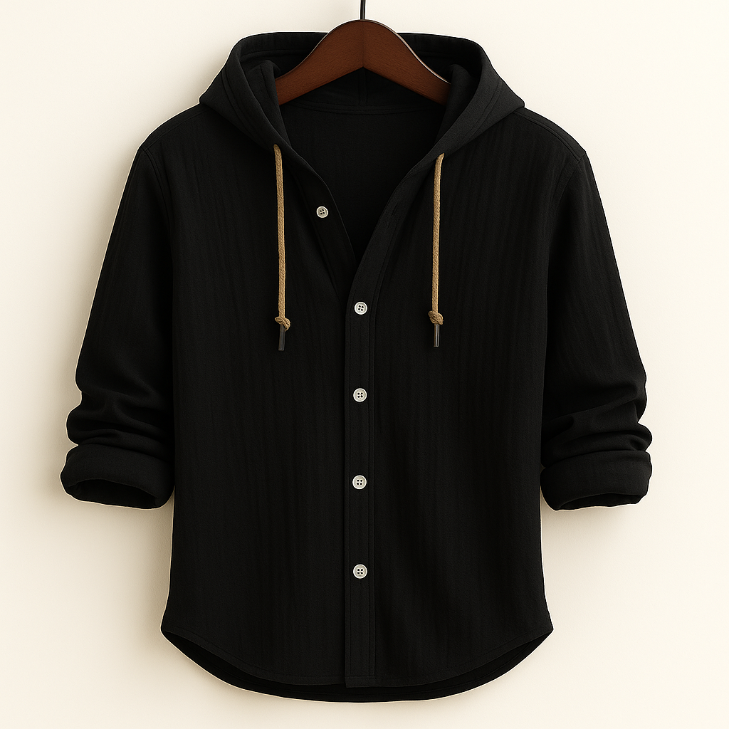 Camisa de homem com capuz, mangas compridas e botões