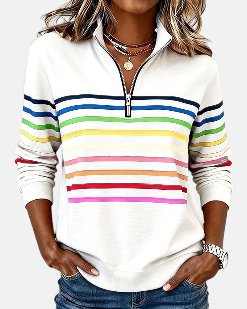 Stribet sweatshirt til damer med lynlås ved kraven og lange ærmer