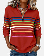 Felpa donna a righe con cerniera al collo e maniche lunghe