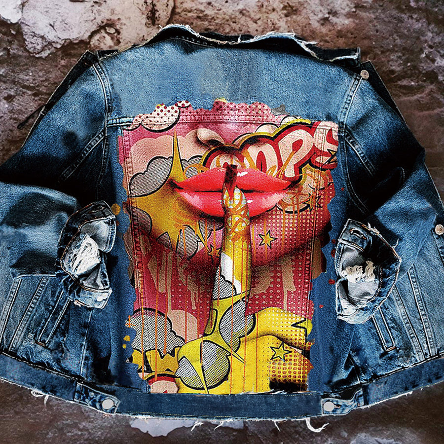 Veste en jean femme à manches longues et imprimé