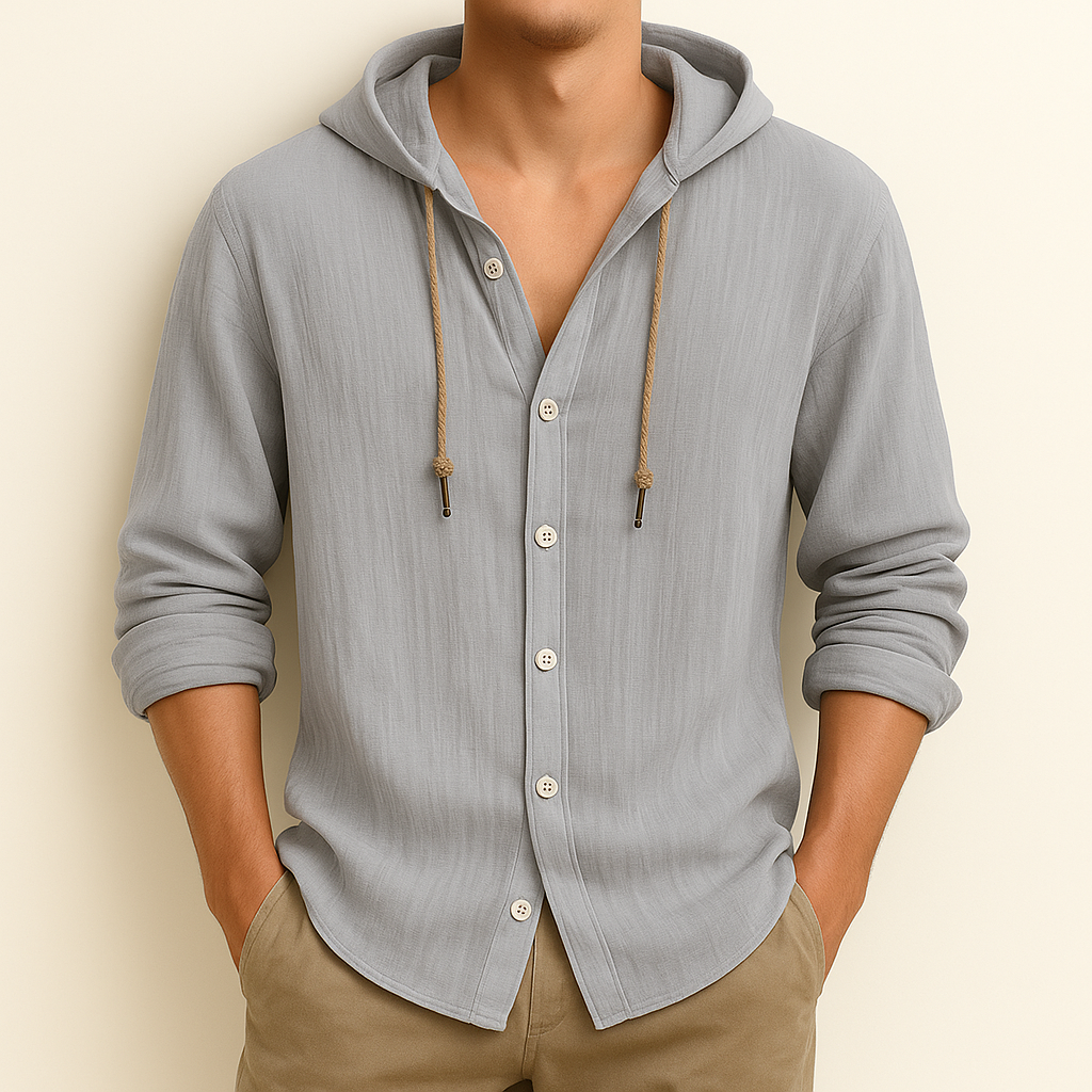 Camisa de homem com capuz, mangas compridas e botões