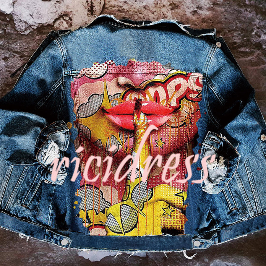 Veste en jean femme à manches longues et imprimé