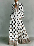 Vestido maxi de mulher às bolinhas com gola mandarim