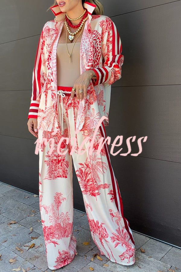 Completo donna a motivo vegetale rosso, camicia e pantaloni
