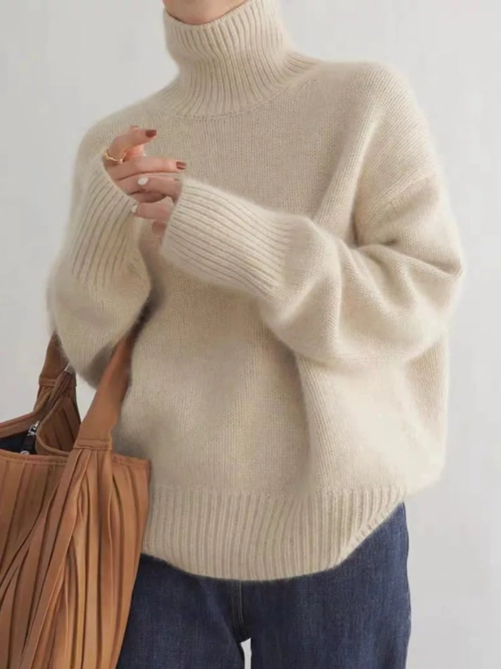 Pull femme à col roulé, manches longues, coupe ample