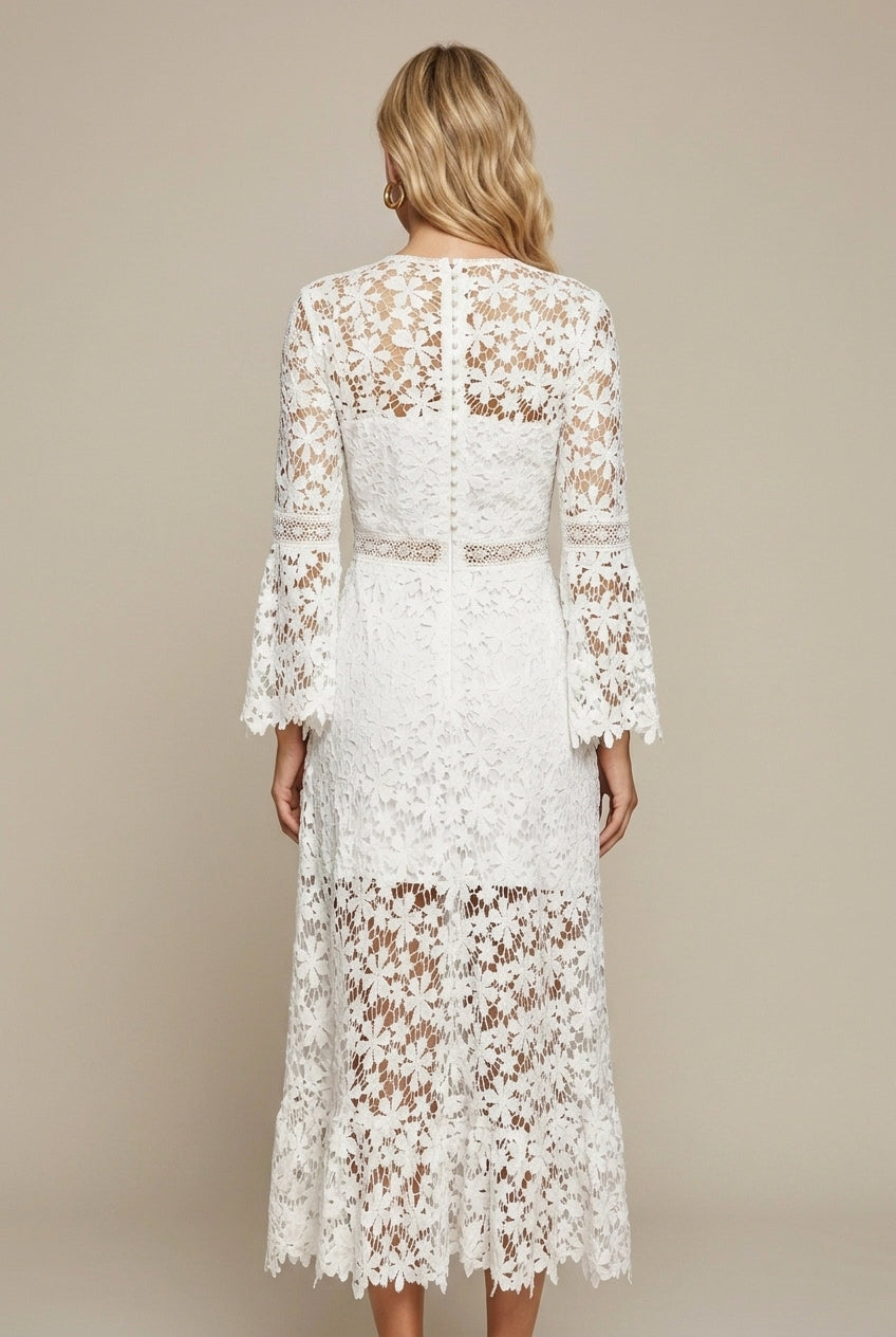 Rochie maxi de damă din dantelă, decolteu V, mânecă lungă, model ajurat