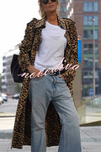 Abrigo midi de mujer de estampado de leopardo con solapas y manga larga