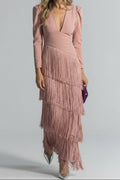 Robe midi femme à franges, col V, manches longues