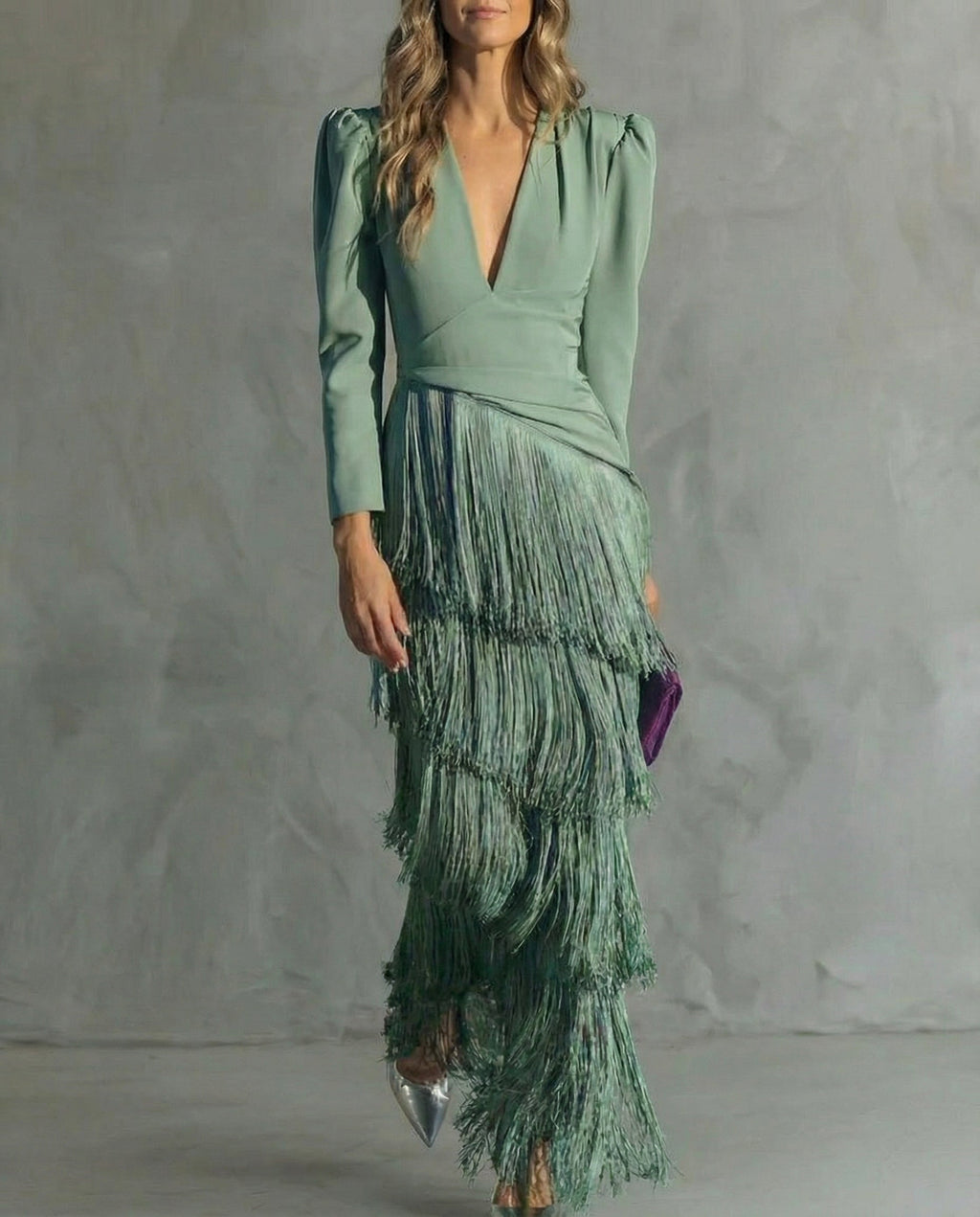 Robe midi femme à franges, col V, manches longues