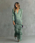 Robe midi femme à franges, col V, manches longues