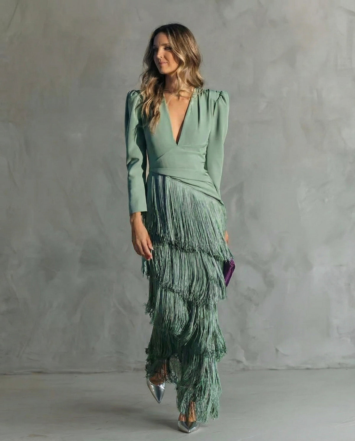 Robe midi femme à franges, col V, manches longues