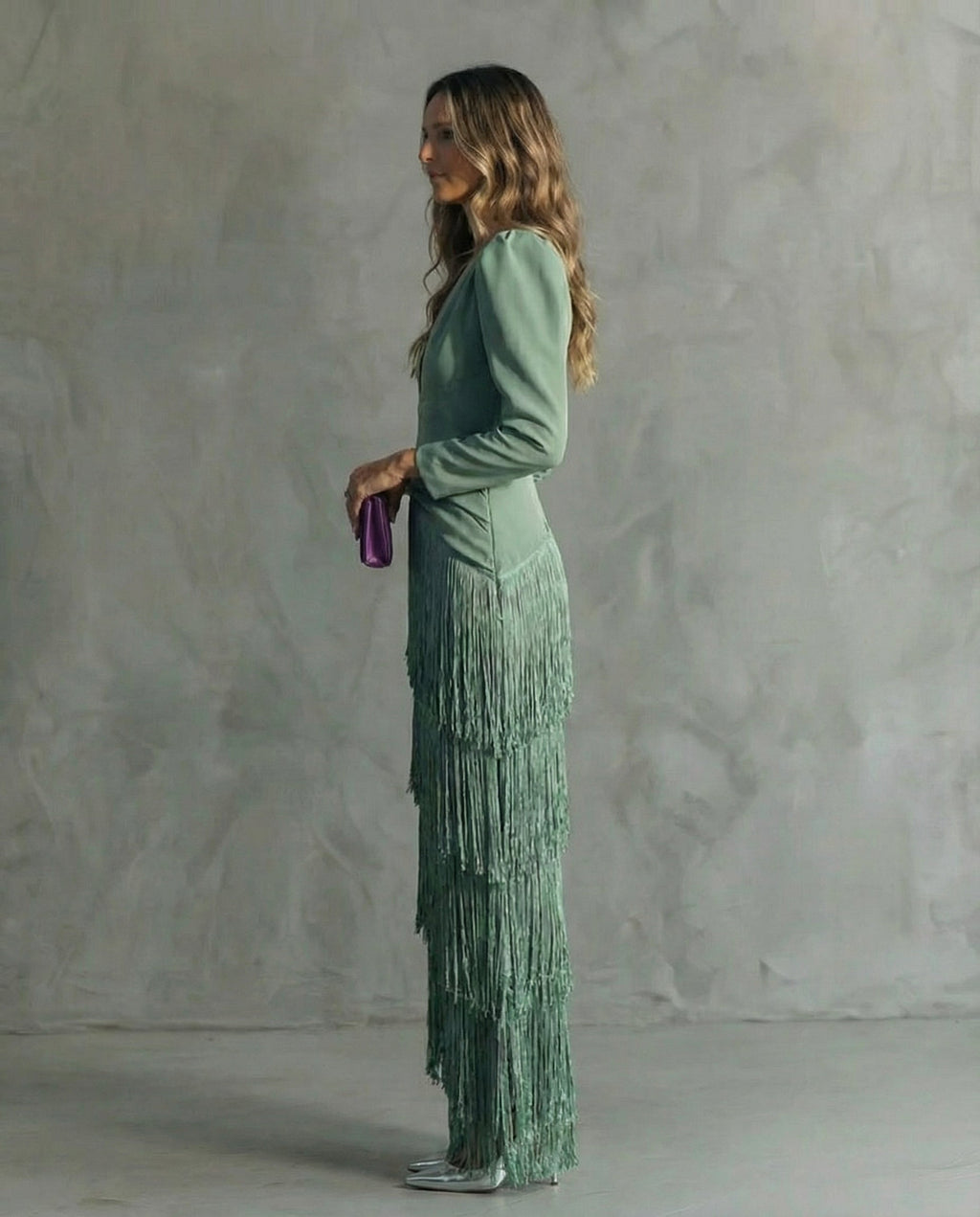 Robe midi femme à franges, col V, manches longues