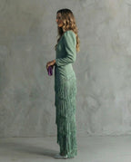 Robe midi femme à franges, col V, manches longues