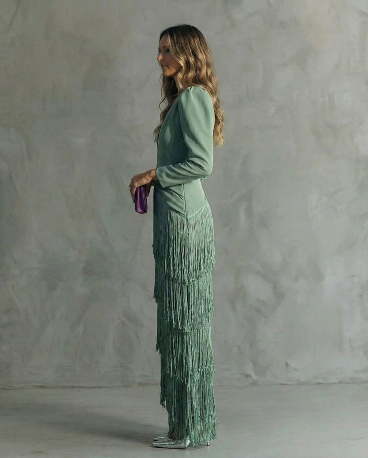 Robe midi femme à franges, col V, manches longues