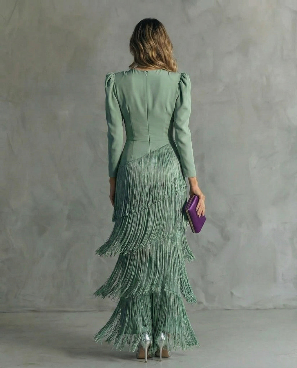 Robe midi femme à franges, col V, manches longues
