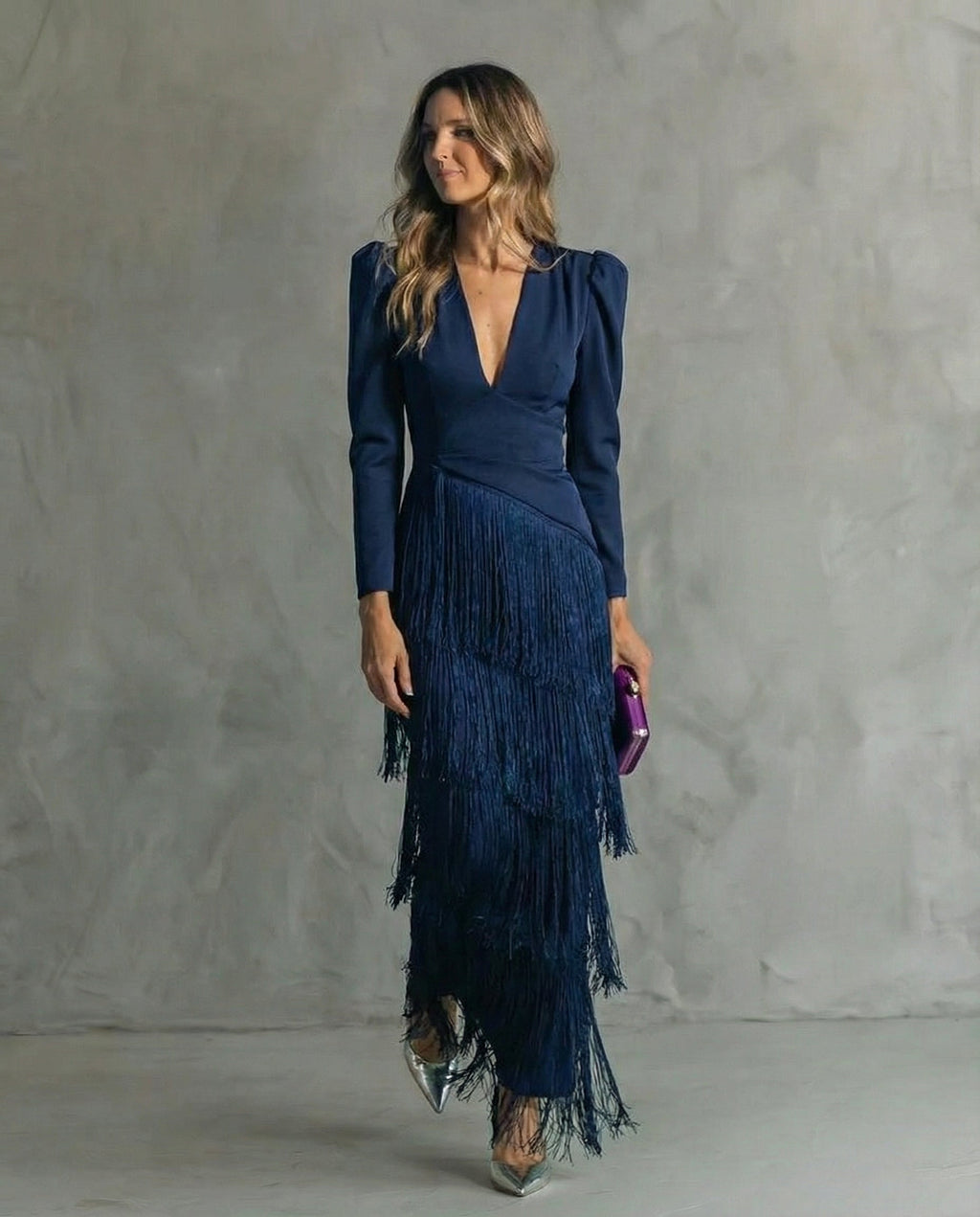 Robe midi femme à franges, col V, manches longues