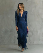 Robe midi femme à franges, col V, manches longues