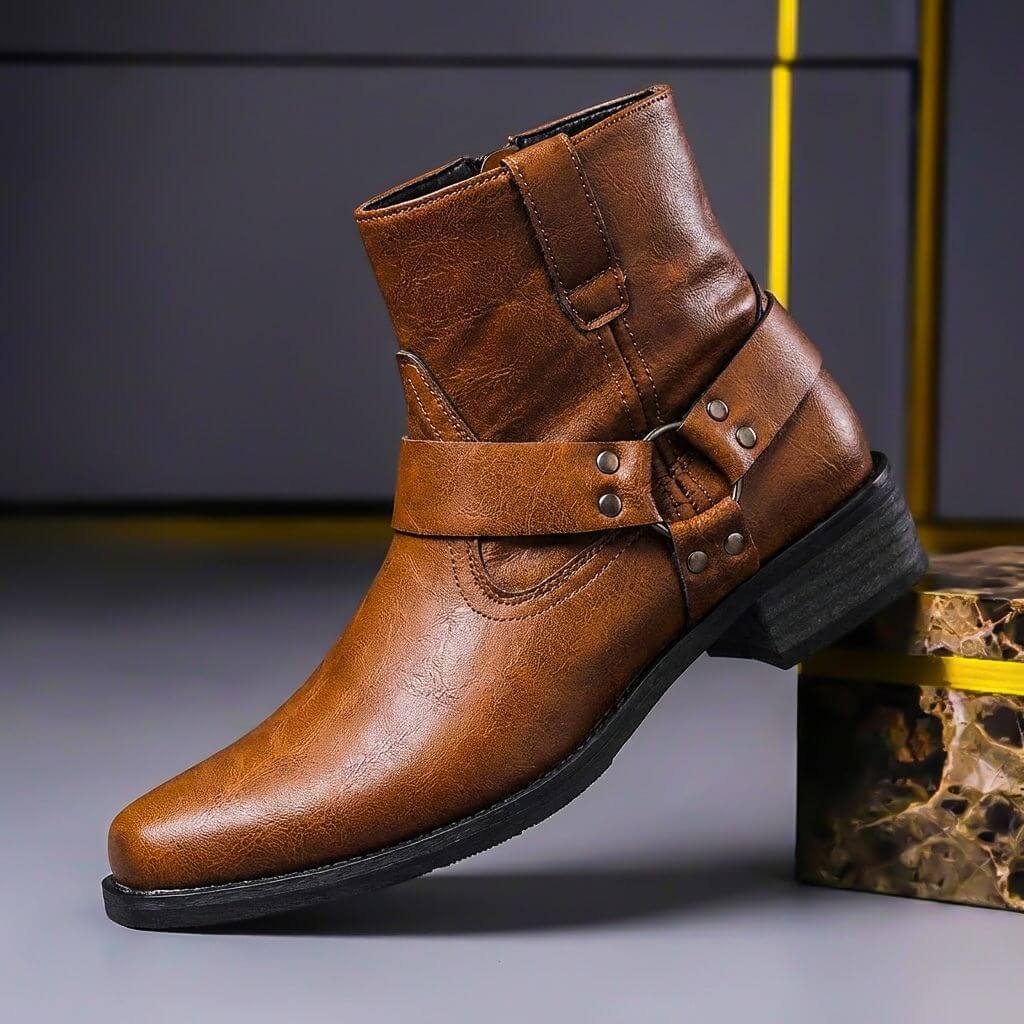 Botins de homem estilo motard com tiras decorativas e salto baixo