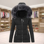 Manteau matelassé femme à capuche et col en fourrure