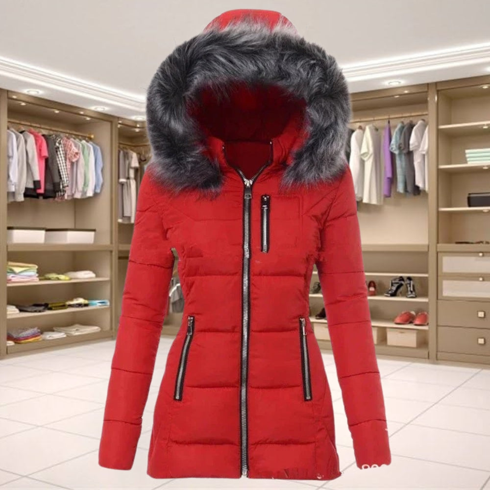 Manteau matelassé femme à capuche et col en fourrure