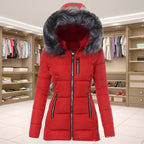 Manteau matelassé femme à capuche et col en fourrure