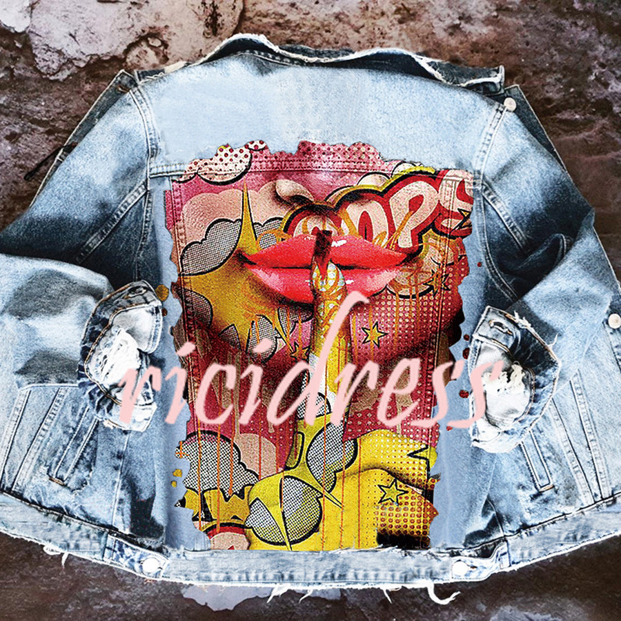 Veste en jean femme à manches longues et imprimé