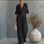 Jumpsuit til damer med høj talje, vide ben og V-hals