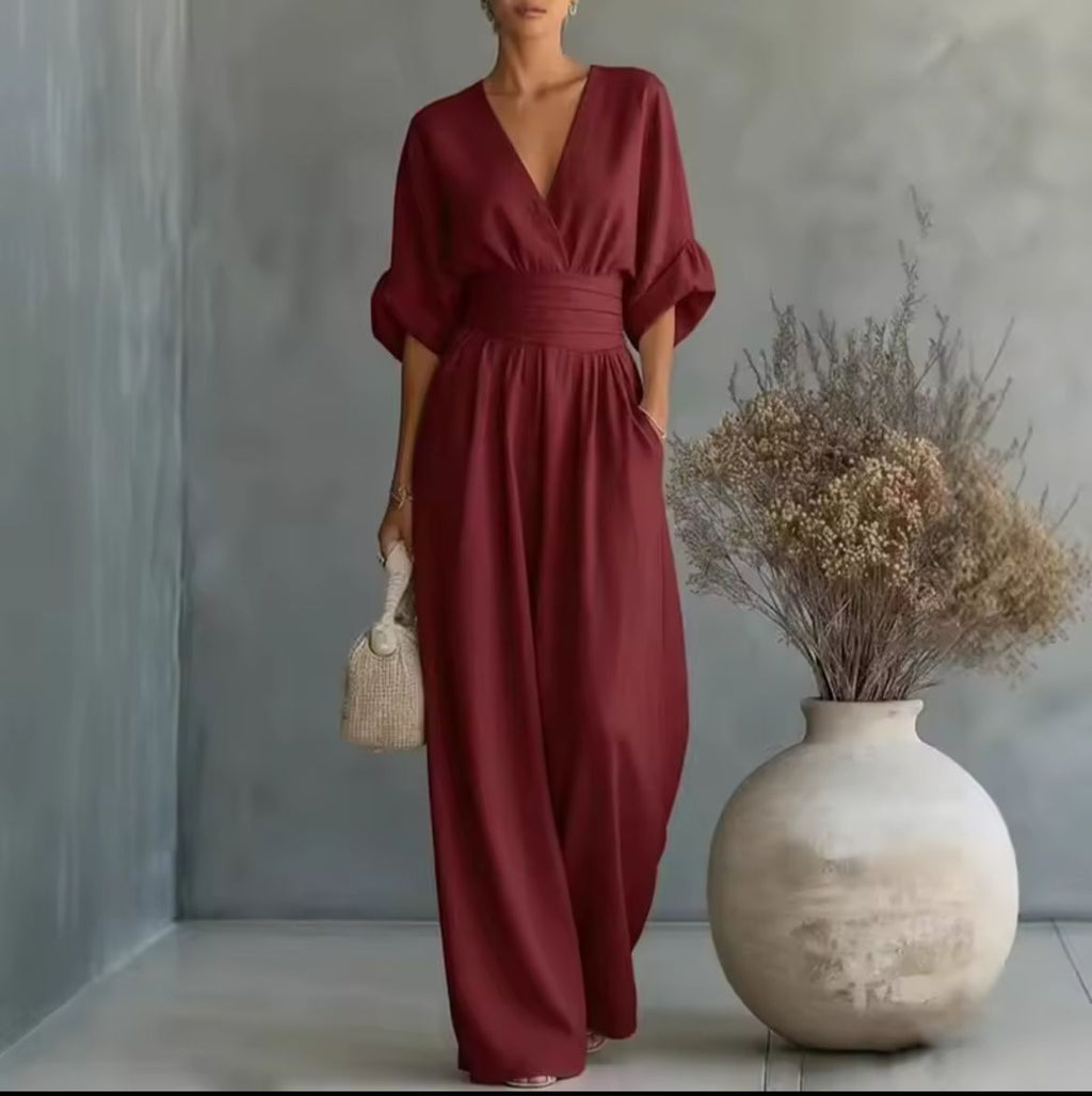 Jumpsuit til damer med høj talje, vide ben og V-hals