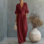 Jumpsuit til damer med høj talje, vide ben og V-hals