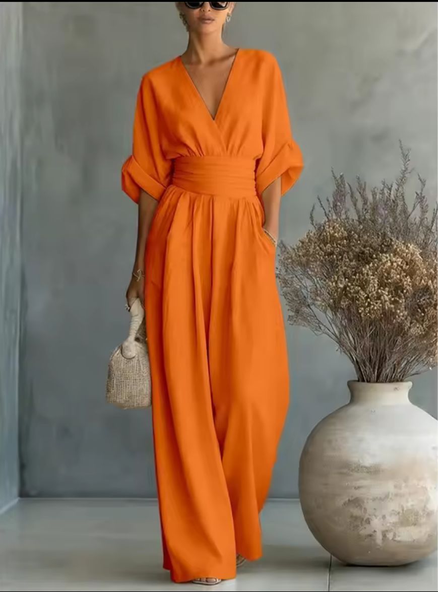 Jumpsuit til damer med høj talje, vide ben og V-hals