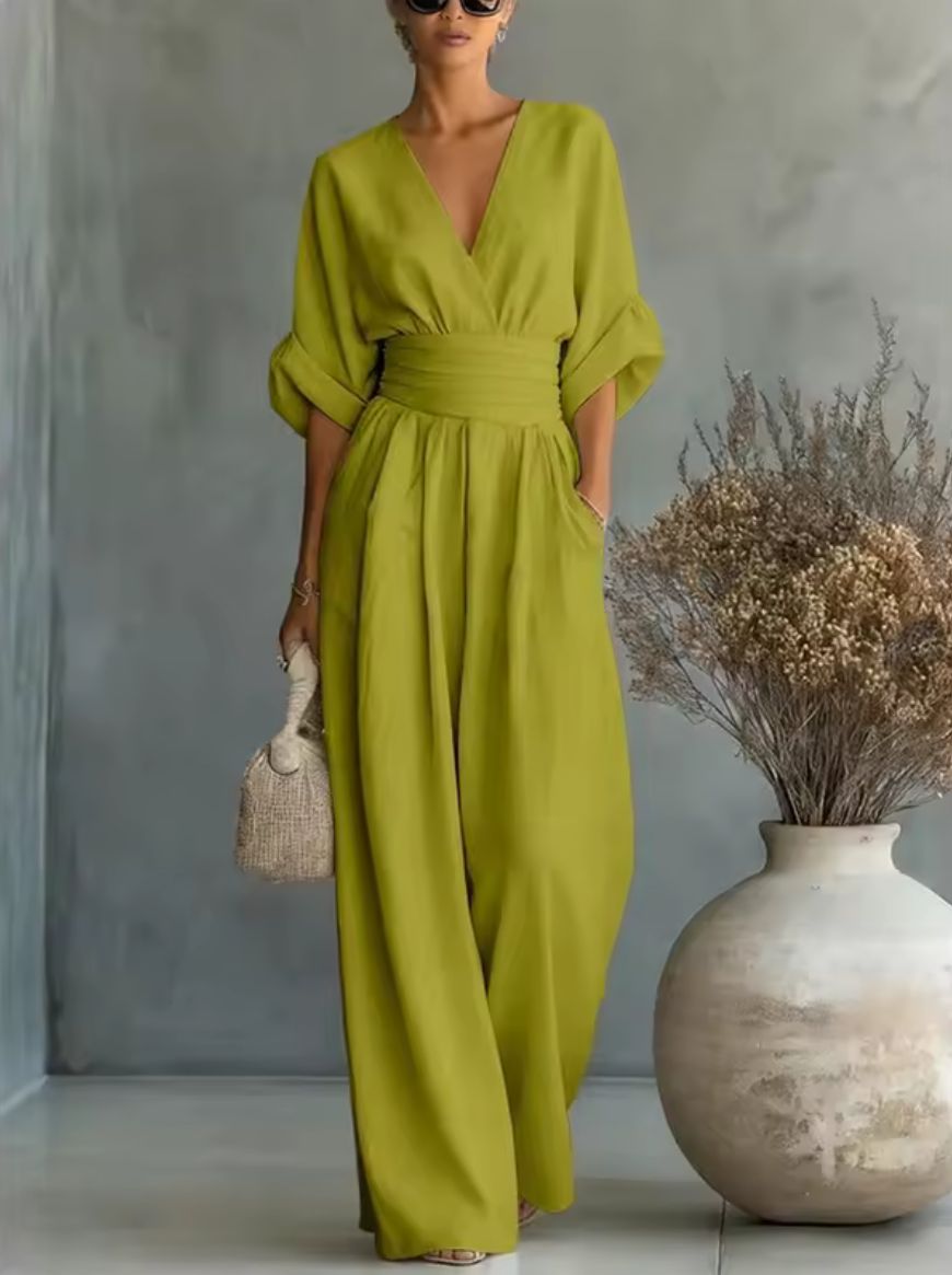 Jumpsuit til damer med høj talje, vide ben og V-hals