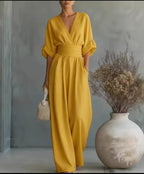 Jumpsuit til damer med høj talje, vide ben og V-hals