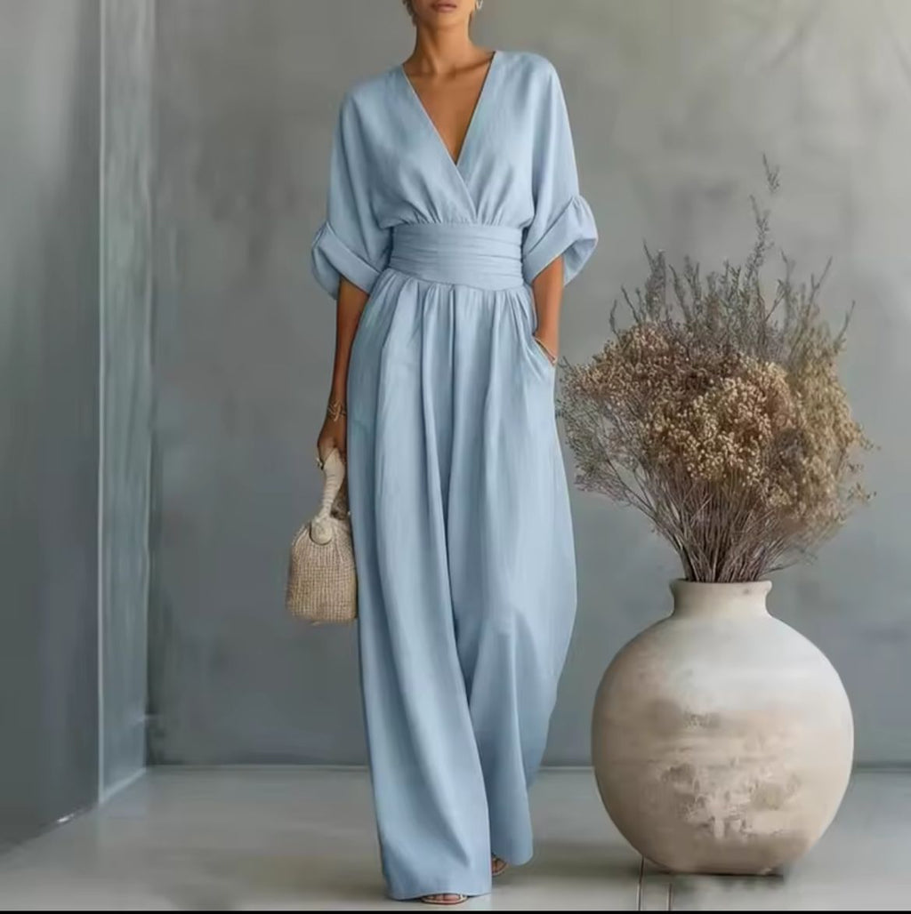 Jumpsuit til damer med høj talje, vide ben og V-hals