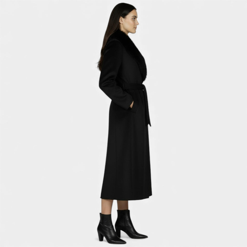 Cappotto donna lungo con cintura e colletto in pelliccia